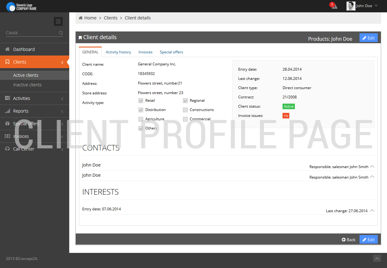 CLIENT & CONTACT management software / Client profile page / Concept24