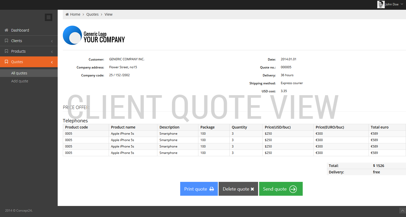 Quoting software / Client quote view / Concept24